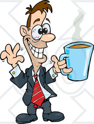 Clipart Illustration of a Hyper And Jittery Businessman With Red Eyes, Holding Up A Cup Of Coffee