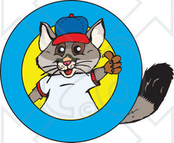Royalty-Free (RF) Clipart Illustration of a Possum Wearing Clothes And Giving The Thumbs Up On A Round Logo