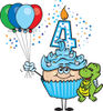 Blue Boys Fourth Birthday Cupcake with a Dinosaur and Balloons
