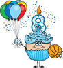 Blue Boys Eighth Birthday Cupcake with a Basketball and Balloons