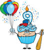 Blue Boys Ninth Birthday Cupcake with a Baseball Bat and Balloons