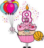 Pink Girls Eighth Birthday Cupcake with a Basketball and Balloons