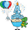 Blue Boys Asian Fourth Birthday Cupcake with a Dinosaur and Balloons