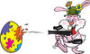 Pink Easter Bunny Using a Paintball Gun to Decorate an Egg