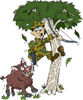 Boar Chasing a Scared Male Hunter into a Tree