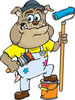 Happy Brown Bulldog Painter Holding Brushes and Resting a Foot on a Bucket