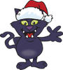 Friendly Waving Black Cat Wearing a Christmas Santa Hat