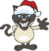 Friendly Waving Siamese Cat Wearing a Christmas Santa Hat