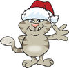 Friendly Waving Tabby Cat Wearing a Christmas Santa Hat