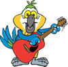 Cartoon Happy Blue and Yellow Macaw Parrot Playing an Acoustic Guitar