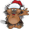 Cartoon Happy Porcupine Wearing a Christmas Sant Hat and Waving