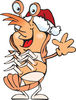 Cartoon Happy Shrimp or Prawn Wearing a Christmas Sant Hat and Waving