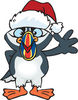 Cartoon Happy Puffin Bird Wearing a Christmas Sant Hat and Waving