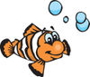 Happy Orange And White Clownfish Swimming With Blue Bubbles