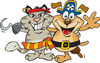 Pirate Cat With A Hook Hand Standing And Smiling With A Pirate Dog With A Peg Le...