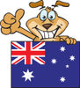 Friendly Brown Dog Grinning And Waving While Standing Behind An Australian Flag