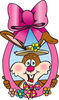 Happy Brown Easter Bunny Looking Through A Pink Ribbon With Flowers