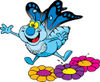 Happy Blue Butterfly Leaping Off Of Colorful Flowers In A Garden