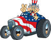 Uncle Sam Driving A Patriotic Roadster And Giving The Peace Sign