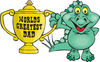 Green Stegosaur Dino Character Holding A Golden Worlds Greatest Dad Trophy