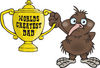 Kiwi Bird Character Holding A Golden Worlds Greatest Dad Trophy