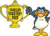 Penguin Bird Character Holding A Golden Worlds Greatest Dad Trophy