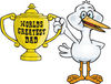 Stork Bird Character Holding A Golden Worlds Greatest Dad Trophy