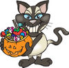 Trick Or Treating Siamese Cat Holding A Pumpkin Basket Full Of Halloween Candy