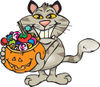 Trick Or Treating Cat Holding A Pumpkin Basket Full Of Halloween Candy