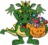 Trick Or Treating Green Dragon Holding A Pumpkin Basket Full Of Halloween Candy