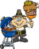 Male Pilgrim Holding Corn, Chicken, Ham And A Pumpkin On A Fork By A BBQ