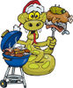 Grilling Python Wearing A Santa Hat And Holding Food On A BBQ Fork