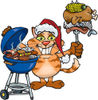 Grilling Orange Cat Wearing A Santa Hat And Holding Food On A BBQ Fork
