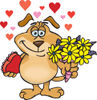 Sparkey Dog Holding Flowers And Chocolates, With Hearts