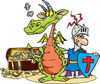 Knight And Dragon Standing In Front Of A Treasure Chest