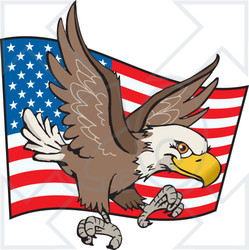 Royalty-Free Vector Clip Art Illustration of a Bald Eagle Flying In Front Of A Waving American Flag