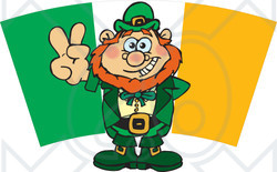 Royalty-Free Vector Clip Art Illustration of a Leprechaun Gesturing A Peace Sign In Front Of An Irish Flag
