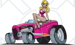 Clipart Blond Pinup Woman Posing On A Pink Hot Rod - Royalty Free Vector Illustration