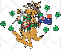 Clipart St Patricks Day Leprechaun In A Kangaroo Pouch With Flags And Shamrocks - Royalty Free Vector Illustration