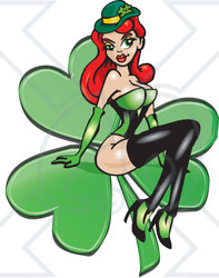 Clipart Sexy St Patricks Day Irish Redhead Pinup Woman On A Shamrock - Royalty Free Vector Illustration