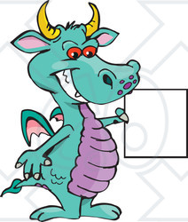 Clipart Turquoise Dragon Smiling And Holding A Sign - Royalty Free Vector Illustration