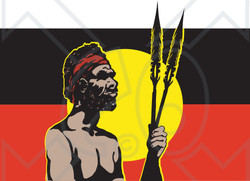 Clipart Aboriginal Man With Spears And An Australian Aboriginal Flag - Royalty Free Vector Illustration