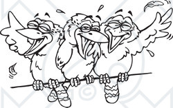 Clipart Three Black And White Kookaburra Birds Laughing On A Wire - Royalty Free Vector Illustration