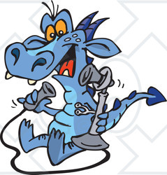 Clipart Blue Dragon Calling With A Candlestick Phone - Royalty Free Vector Illustration