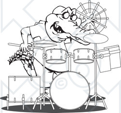 Clipart Black And White Aussie Crocodile Drummer - Royalty Free Vector Illustration