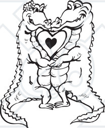 Clipart Black And White Aussie Crocodile Couple Kissing Over A Heart - Royalty Free Vector Illustration