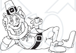 Clipart Black And White Leprechaun Laying On His Side And Smoking A Pipe - Royalty Free Vector Illustration