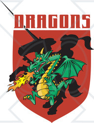 Clipart Dragon And Silhouetted Knight Shield With Text - Royalty Free Vector Illustration