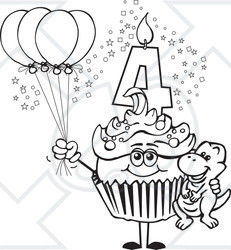 Clipart of a Line Art Boys Fourth Birthday Cupcake with a Dinosaur and Balloons - Royalty Free Vector Illustration