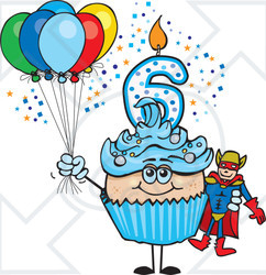 Clipart of a Blue Boys Sixth Birthday Cupcake with a Super Hero and Balloons - Royalty Free Vector Illustration